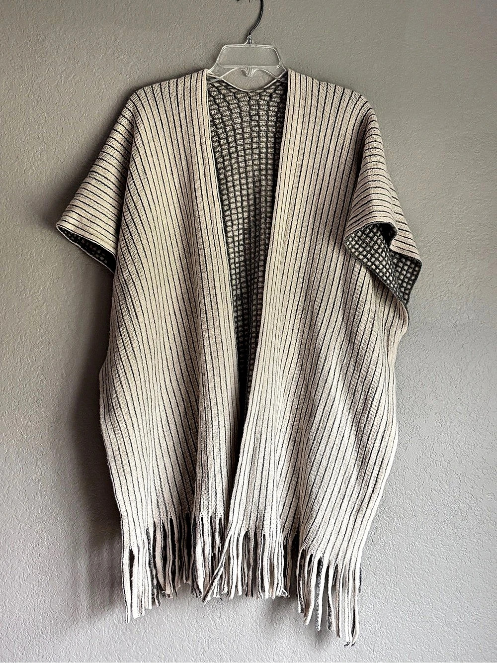 Striped Fringe Poncho in Cream & Gray women’s one size